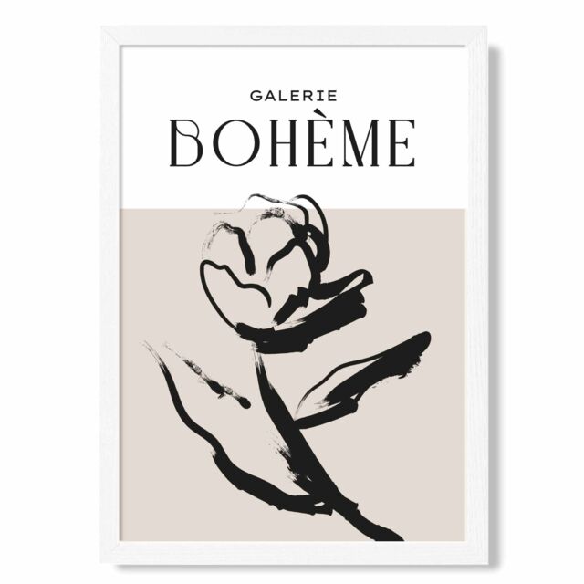 ARTZE Beige & Black Rose Boho Sketch Floral Framed Print SIZE: A2 with White Frame - Size: A4 - image 1
