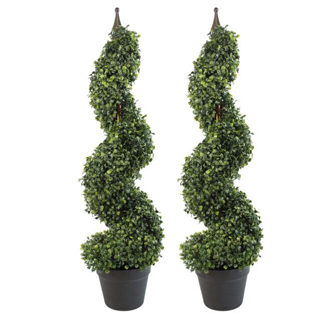 Leaf Pair of 90cm (3ft) Tall Artificial Boxwood Tower Trees Topiary Spiral Metal Top Botanik in Green - image 1