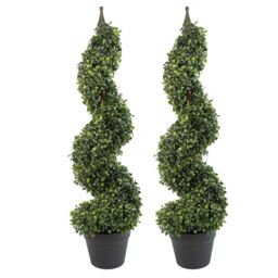Leaf Pair of 90cm (3ft) Tall Artificial Boxwood Tower Trees Topiary Spiral Metal Top Botanik in Green - thumbnail 1