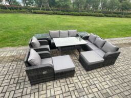 Fimous 10 Seater Rattan Garden Furniture Set Oblong Rectangular Dining Table & Chairs Set with 3 Seater Sofa 2 Big Footstool 2 Side Tables - thumbnail 2