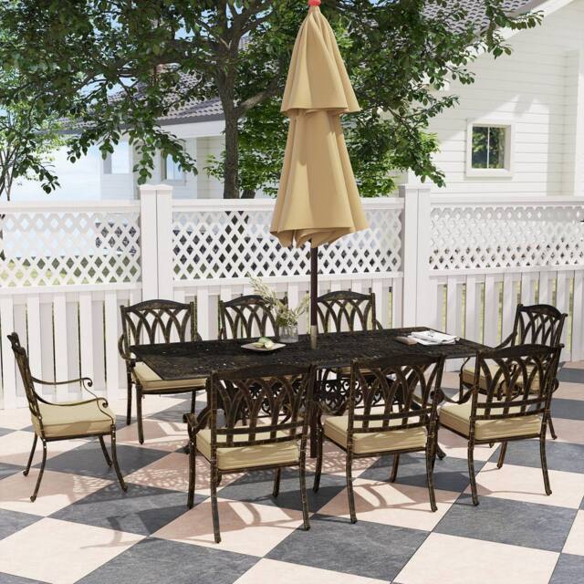 OUTSUNNY 9 Pieces Cast Aluminium Garden Dining Set with Parasol Hole, Bronze - image 1