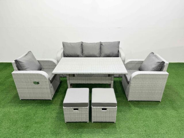 Fimous PE Rattan Garden Furniture Set Reclining Chair Sofa Lounge Sofa Set Rectangular Dining Table 2 Small Stools Light Grey - image 1