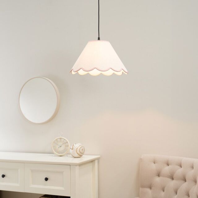 ValueLights Florie Natural Linen Small Tapered Lamp Shade with Scallop Pastel Trim in Pink - image 1