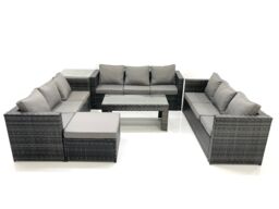 Fimous Outdoor Garden Furniture Set 10 Seater Rattan Sofa Set with Coffee Table Big Footstool Side Table Dark Grey Mixed - thumbnail 1