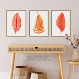 Artery8 Wall Art Print Pack of 3 A4 Elegant Fern Frond Plant Tree Bright Orange Leaf Detailed Foliage Botanical Living Room s Set - thumbnail 2