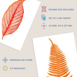 Artery8 Wall Art Print Pack of 3 A4 Elegant Fern Frond Plant Tree Bright Orange Leaf Detailed Foliage Botanical Living Room s Set - thumbnail 4