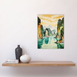 Artery8 Ha Long Bay Watercolour Painting Vietnam Limestone Islands In Emerald Waters Pastel Colour Seascape Unframed Wall Art Print Poster Home Decor - thumbnail 4
