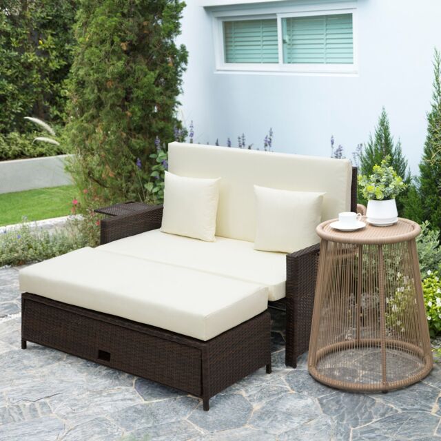 OUTSUNNY 2 Seater Garden Patio Outdoor Rattan Furniture Sofa Sun Lounger in Brown
