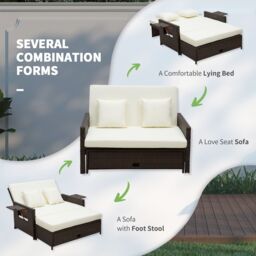 OUTSUNNY 2 Seater Garden Patio Outdoor Rattan Furniture Sofa Sun Lounger in Brown - thumbnail 6
