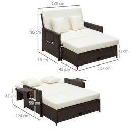 OUTSUNNY 2 Seater Garden Patio Outdoor Rattan Furniture Sofa Sun Lounger in Brown - thumbnail 3