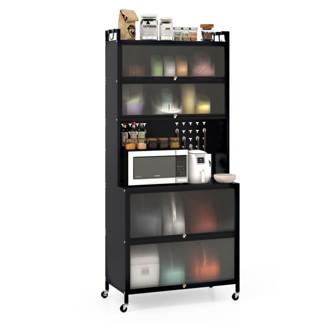 Costway 6-Tier Kitchen Pantry Cabinet Buffet Cabinet with Hutch & Hooks in Black - image 1