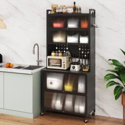 Costway 6-Tier Kitchen Pantry Cabinet Buffet Cabinet with Hutch & Hooks in Black - thumbnail 2