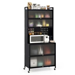 Costway 6-Tier Kitchen Pantry Cabinet Buffet Cabinet with Hutch & Hooks in Black - thumbnail 1
