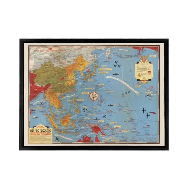 "Artery8 Invasion Map 1944 War WWII On To Tokyo Framed Canvas Wall Art Print in Blue - Size: W12"" x H16""" - image 1