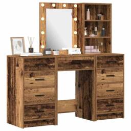 Berkfield Home Traditional 3-Piece Dressing Table Set with LED in Old Wood Finish in Brown - thumbnail 1