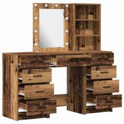 Berkfield Home Traditional 3-Piece Dressing Table Set with LED in Old Wood Finish in Brown - thumbnail 8