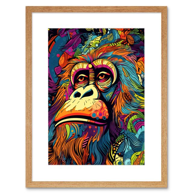 "Artery8 Wall Art Print Majestic Orangutan Great Ape Colourful Psychedelic Borneo Rainforest Artwork Framed 9X7 Inch in Beige - Size: W7"" x H9""" - image 1