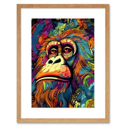 "Artery8 Wall Art Print Majestic Orangutan Great Ape Colourful Psychedelic Borneo Rainforest Artwork Framed 9X7 Inch in Beige - Size: W7"" x H9""" - thumbnail 1