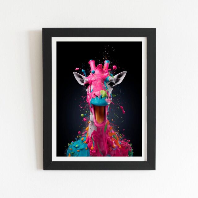 "Warren Reed - Designer Splashart Giraffe Face Pink Framed Art Print in Black - Size: W16"" x H24""" - image 1