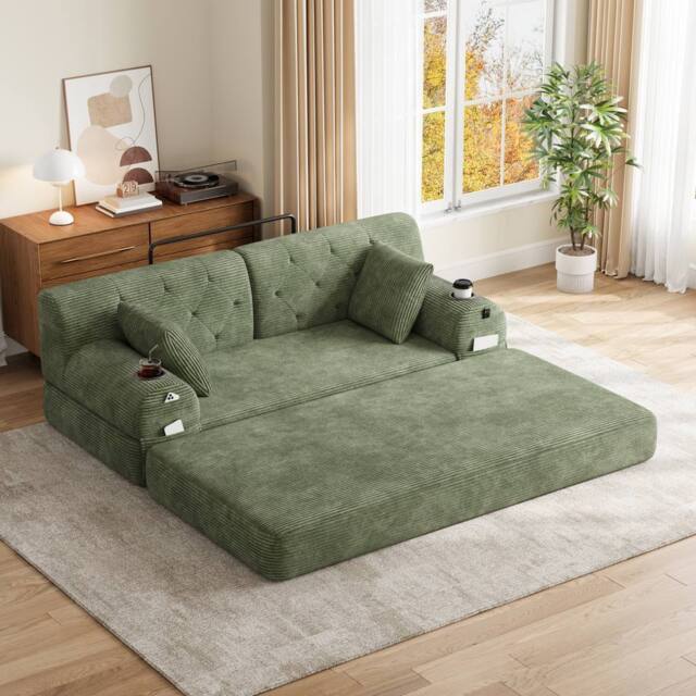 BTM 2 Seater Corduroy Sleeper Sofa Cup Holders Side Pockets Green - image 1
