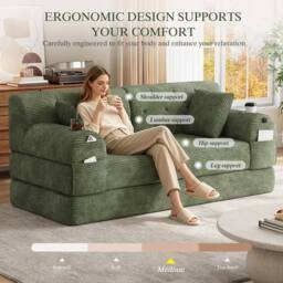 BTM 2 Seater Corduroy Sleeper Sofa Cup Holders Side Pockets Green - thumbnail 7