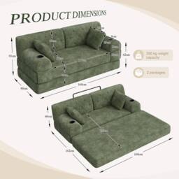 BTM 2 Seater Corduroy Sleeper Sofa Cup Holders Side Pockets Green - thumbnail 2