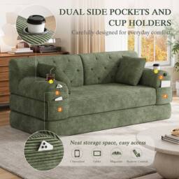 BTM 2 Seater Corduroy Sleeper Sofa Cup Holders Side Pockets Green - thumbnail 4