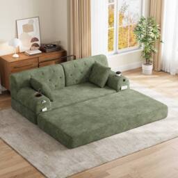 BTM 2 Seater Corduroy Sleeper Sofa Cup Holders Side Pockets Green - thumbnail 1