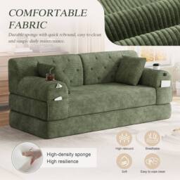 BTM 2 Seater Corduroy Sleeper Sofa Cup Holders Side Pockets Green - thumbnail 5