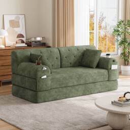 BTM 2 Seater Corduroy Sleeper Sofa Cup Holders Side Pockets Green - thumbnail 8