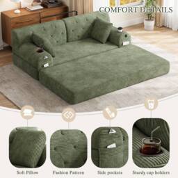 BTM 2 Seater Corduroy Sleeper Sofa Cup Holders Side Pockets Green - thumbnail 6