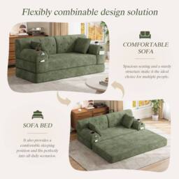BTM 2 Seater Corduroy Sleeper Sofa Cup Holders Side Pockets Green - thumbnail 3