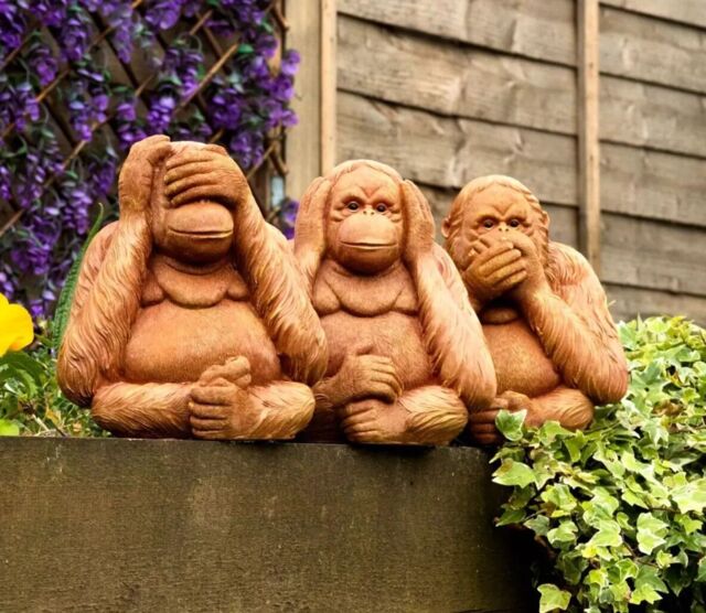 Marco Paul Three Wise Monkeys Speak See Hear No Evil - Garden Statue Set in Orange - image 1