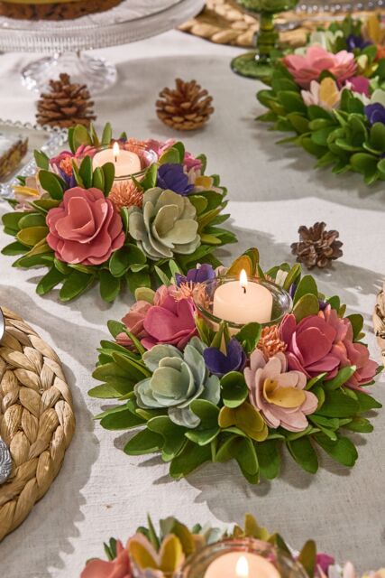 Dibor Set of 2 Floral Colourful Table Decoration Candle Holders Dia16cm - Size: Small - image 1