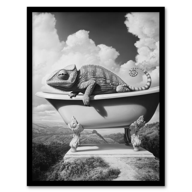 Artery8 Large Chameleon in Bathtub Black White Surreal Framed Art Print in Grey - Size: A4 - image 1