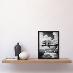 Artery8 Large Chameleon in Bathtub Black White Surreal Framed Art Print in Grey - Size: A4 - thumbnail 4