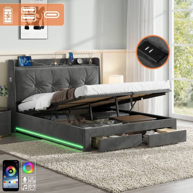 Matteo Double Grey Velvet Upholstered Storage Bed Frame with USB & RGB LED - image 1