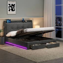 Matteo Double Grey Velvet Upholstered Storage Bed Frame with USB & RGB LED - thumbnail 3