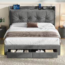 Matteo Double Grey Velvet Upholstered Storage Bed Frame with USB & RGB LED - thumbnail 5