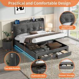 Matteo Double Grey Velvet Upholstered Storage Bed Frame with USB & RGB LED - thumbnail 6