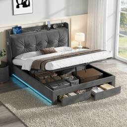 Matteo Double Grey Velvet Upholstered Storage Bed Frame with USB & RGB LED - thumbnail 2