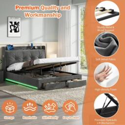 Matteo Double Grey Velvet Upholstered Storage Bed Frame with USB & RGB LED - thumbnail 8