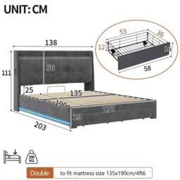 Matteo Double Grey Velvet Upholstered Storage Bed Frame with USB & RGB LED - thumbnail 9