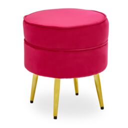 Orsina Decent Round Emerald Green Velvet Gold Leg Footstool, Comfortable Velvet Upholestered Foot rest For Hallways in Bright Pink - thumbnail 6