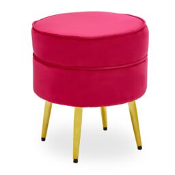 Orsina Decent Round Emerald Green Velvet Gold Leg Footstool, Comfortable Velvet Upholestered Foot rest For Hallways in Bright Pink - thumbnail 1