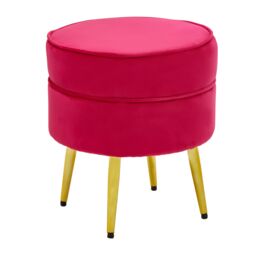 Orsina Decent Round Emerald Green Velvet Gold Leg Footstool, Comfortable Velvet Upholestered Foot rest For Hallways in Bright Pink - thumbnail 4