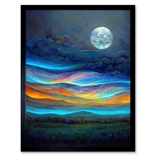 "Artery8 Wall Art Print Full Moon Aurora Sky Modern Landscape Art Framed in Black - Size: W12"" x H16""" - image 1