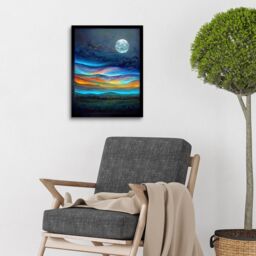 "Artery8 Wall Art Print Full Moon Aurora Sky Modern Landscape Art Framed in Black - Size: W12"" x H16""" - thumbnail 2