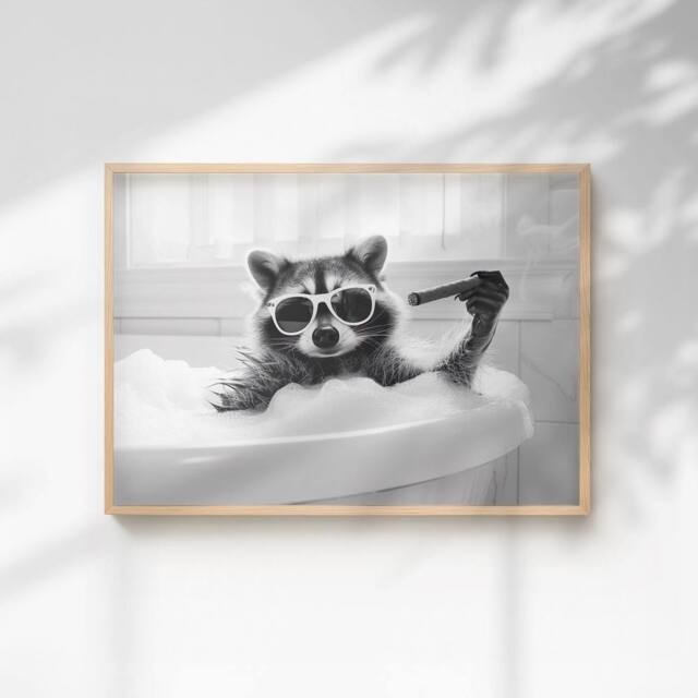 60 SECOND MAKEOVER Raccoon Smoking A Cigar In The Bath Quirky Animal Print - Size: A4 - image 1