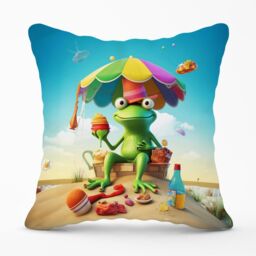 Warren Reed - Designer Frog On A Beach Holiday Outdoor Cushion in Yellow - Size: 60 cm x 60 cm - thumbnail 1